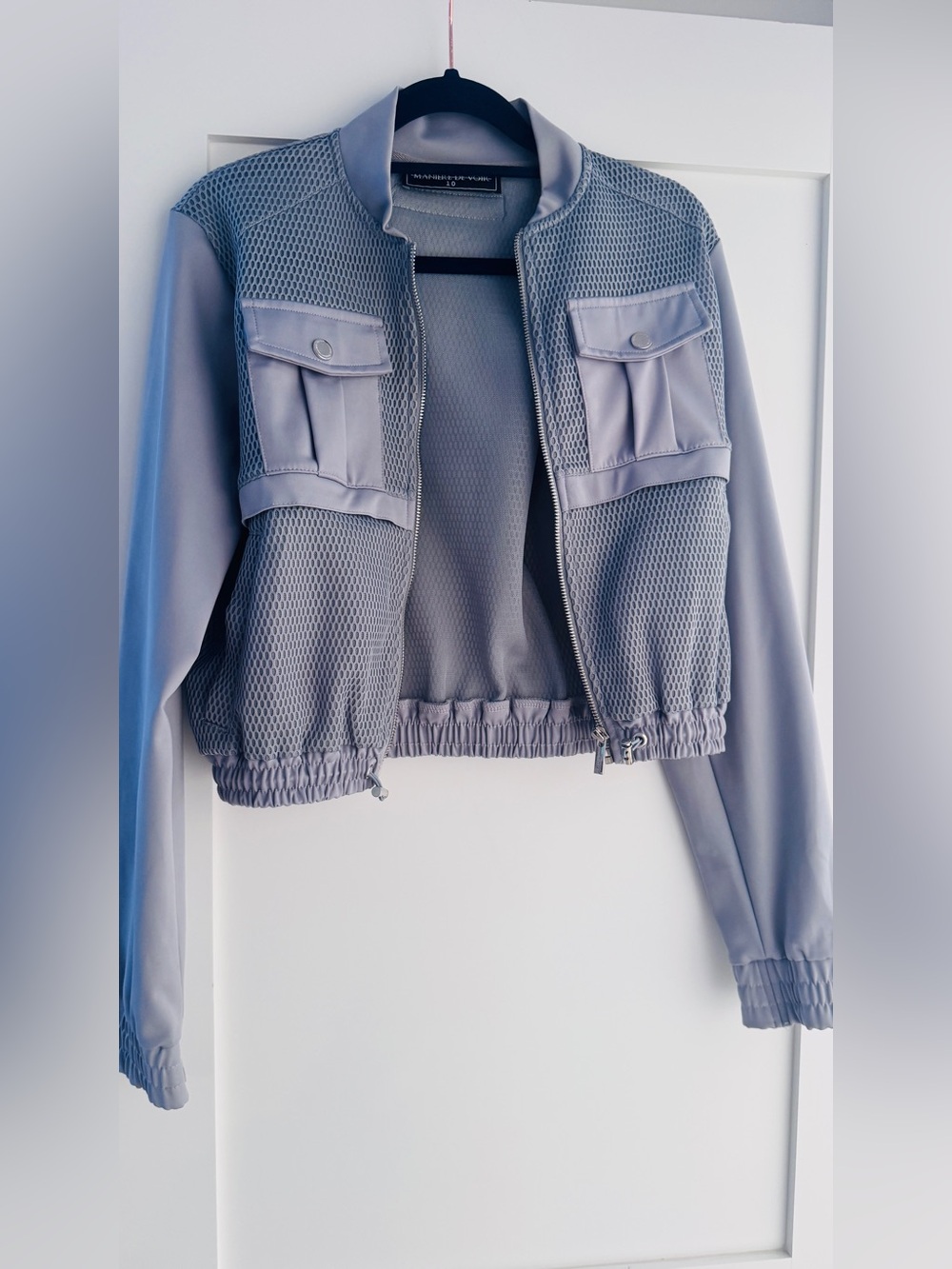 MANIERT DEVOUR London Cropped Mesh Bomber Jacket in Light Gray medium